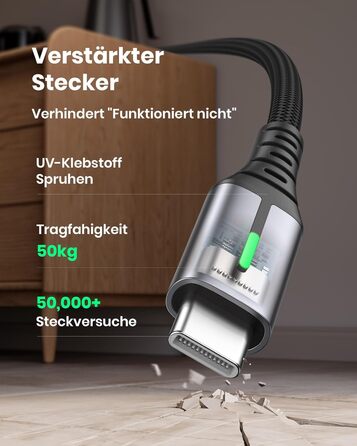 Кабель USB-C 2м з LED-підсвічуванням, швидка зарядка 3.1A, нейлон, чорний - сумісний з iPhone 15, Samsung Galaxy, Google Pixel