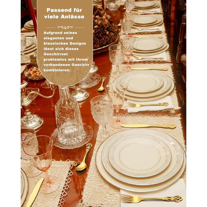 Набір столових приборів Retro Gold на 6 осіб, 24 предмети, нержавіюча сталь, античний бароковий дизайн, золотий колір