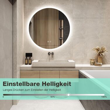 Круглий дзеркало для ванної кімнати з підсвічуванням 80 см, 3 кольори світла, регулювання яскравості, проти запотівання, сенсорне управління, функція пам'яті, LED, енергозберігаючий