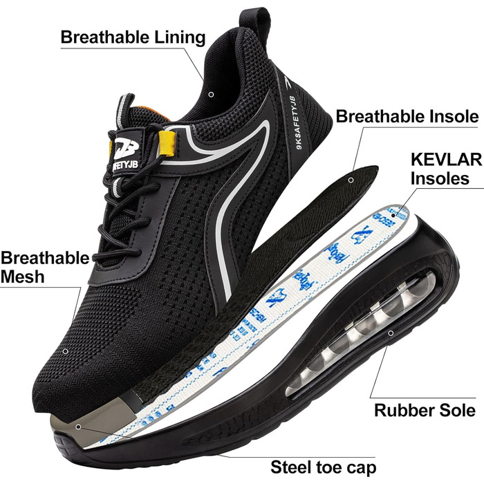 Черевики безпеки робочі чоловічі та жіночі S3, легкі, зі сталевим підноском, неслизькі, дихаючі, спортивні, робочі кеди (39 EU, чорний сріблястий)