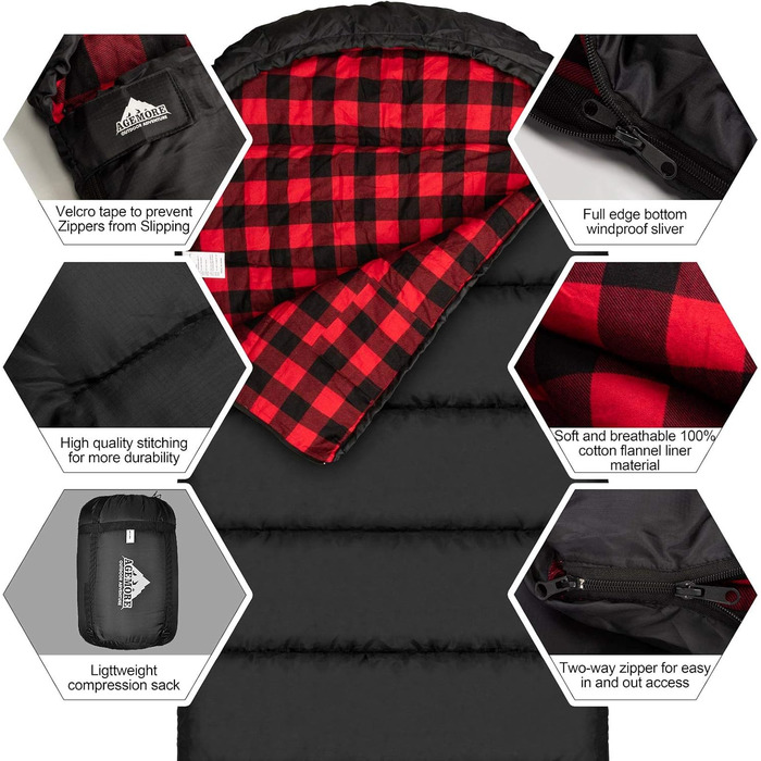 Cotton Flannel Sleeping Bag for Adults - 100% Cotton Liner Sleeping Bag for Camping, Hiking, Backpacking - Lightweight & Portable - 3-4 Season Warm Weather - Black/Red