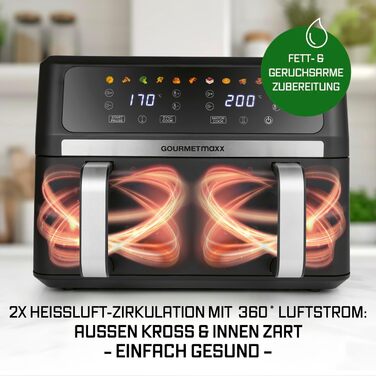Фритюрниця готувальна повітрям Gourmetmaxx AirGenius 9 л (2 x 4,5 л) з 8 програмами | 2 камери для одночасного приготування | Сенсорний дисплей, для 8 осіб