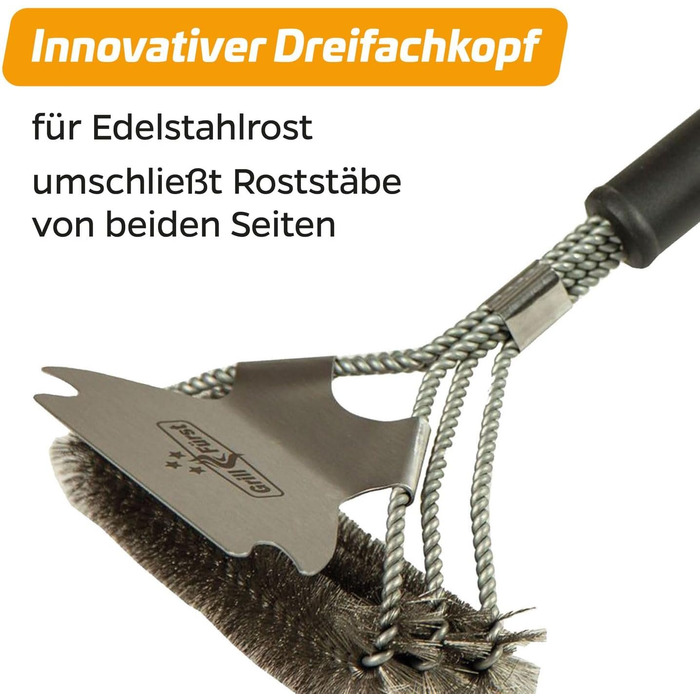 3X Grillfürst Premium Grill Brush with Brass Bristles, 45 cm - Grill Cleaning Brush for Grill Grate, Grill Grate Brush with wide 3-fold brush head and scraper (2x stainless steel with scraper)