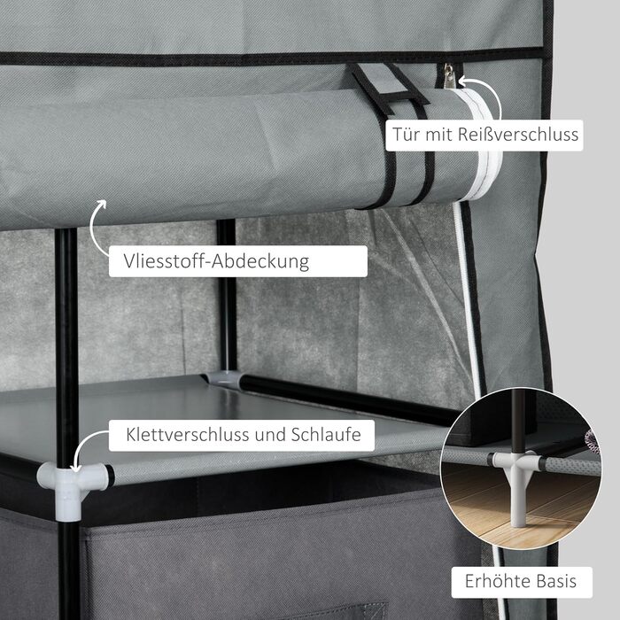 HOMCOM Wardrobe, Fabric Closet with Drawers, Clothes Rail and Zipper, Fabric Clothes Storage Rack Folding Closet for Bedroom, Dressing Room, 102 x 42.5 x 162.5 cm, Dark Grey