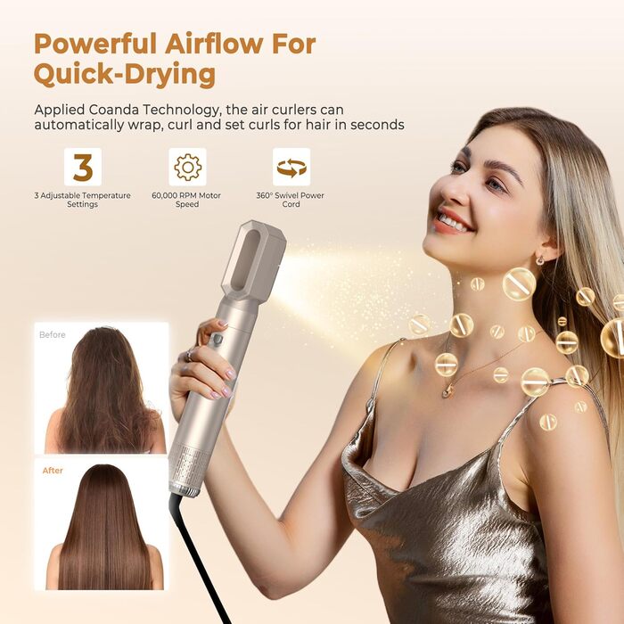 UKLISS Hairstyler 6 в 1 Airbrush: професійний набір для укладки волосся | 1000W | Air Curler, фен-щітка, стайлер для локонів, об'єму та випрямлення | Золотий