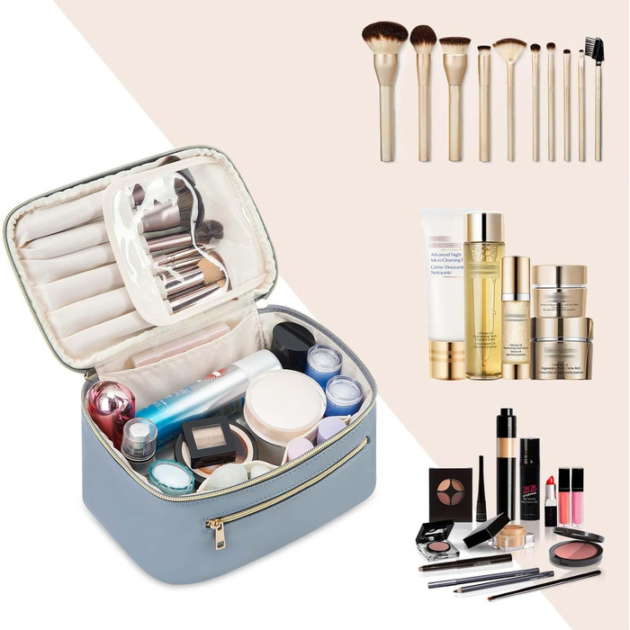 Косметичка для жінок, велика дорожня косметичка для макіяжу з відділенням для пензлів, органайзер, культурочка, з PU-шкіри, переносний мішечок для макіяжу, сіро-блакитний (патентний номер)