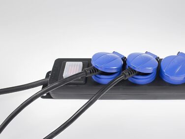 Розподільник розеток Schwabe 3-fach з вимикачем, заземленням, кришкою, 1.5 м, для зовнішнього використання, 230V, 16A, IP44, чорний, синій