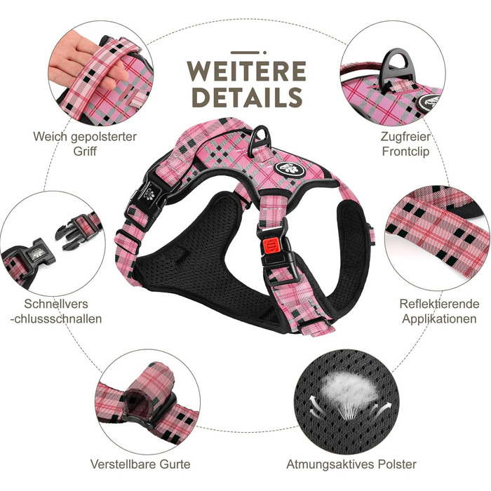 Нагрудник для собак FURRYFECTION Anti-Zug, безпечний, для маленьких собак та цуценят, світловідбиваючий, рожевий