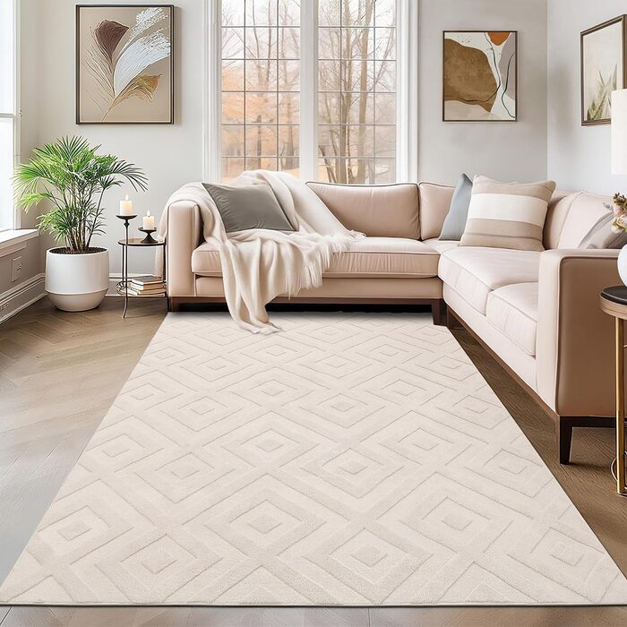 Килим для вітальні SHACOS з коротким ворсом, бежевий, геометричний з 3D ефектом, 120x160 см та 140x200 см