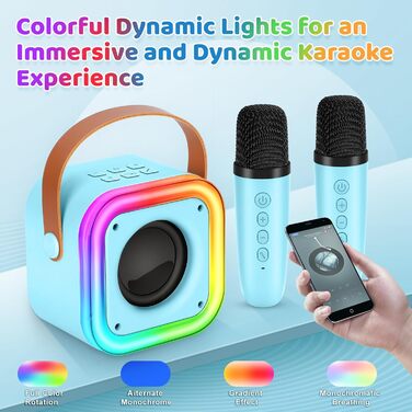 Караоке-машина Spinosaurus для дітей з 2 мікрофонами, Bluetooth, LED-підсвічуванням, портативна, для віку 3-12 років, ідеально для свят та подарунків (блакитна)