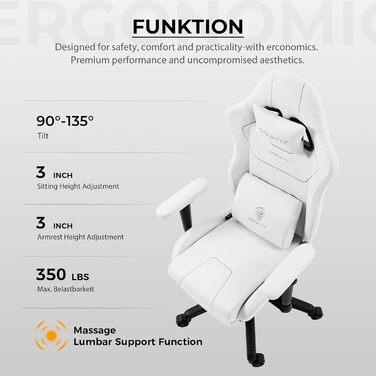 Ігровий крісло Dowinx з тканиною та кишеньковим пружинним подушками, ергономічний ігровий крісло з функцією масажу, велике та високе комп'ютерне крісло з підніжкою XXL, білий, Komf-AL