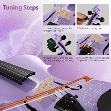 Скрипка Poseidon для початківців: повний стартовий набір з аксесуарами (2 смичка, 2 коліфоні, мостик, запасні струни, підставка, кліп-он тюнер), 4/4, білий/фіолетовий (зіркове небо)