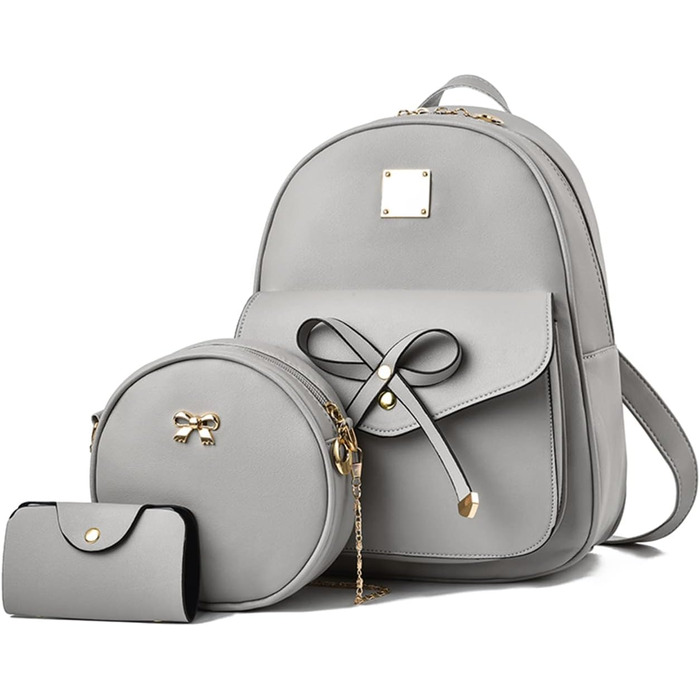 Жіночий рюкзак з PU шкіри: стильний щоденний рюкзак для подорожей, школи та роботи. Комплект сумок (сірий 03)