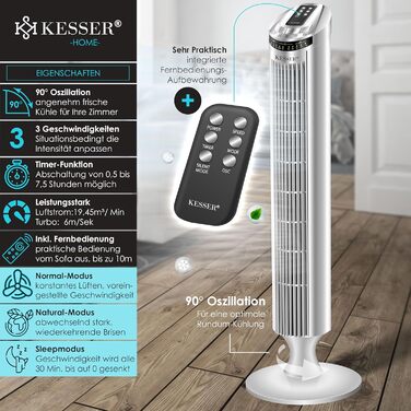 Турбо вентилятор KESSER® з пультом керування | 90° кут осциляції | 3 швидкості | 90 см | Таймер | Turbo функція | Стовпчастий вентилятор | Сріблястий колір