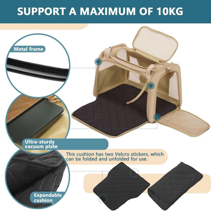 Транспортна переноска для котів та собак Petsfit, складана сумка-переноска, 50L x 33B x 33H см, з м'яким розкладним килимком та регульованим плечовим ременем, Khaki