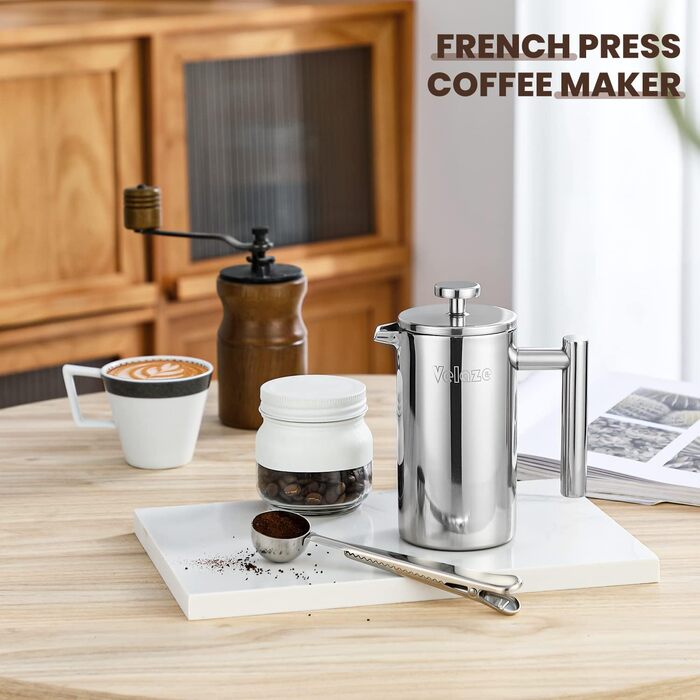 Velaze French Press Stainless Steel Coffee Maker, 350ML Coffee Maker for 2-3 Cups, Double-Walled French Coffee Press, Elegant Design, Coffee Pot with 5 Stainless Steel Filters and 1 Spoon