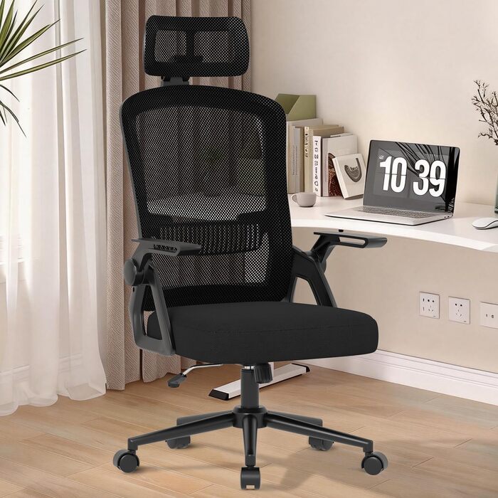 Офісний стіл Naspiro Ergonomic, регульований по висоті, поворотний крісло з дихаючою спинкою з сітки, відкидні підлокітники на 90° та поперекова підтримка, високощільна піна для дому/офісу (Чорний-1, з підголівником)