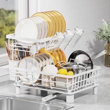 LIONONLY Dish Drying Rack, Small 2-Tier Dish Rack with Drip Tray, Stainless Steel Dish Drying Rack with Utensil Holder, Drink Holder and Swivel Spout, Dish Drying Stand Kitchen