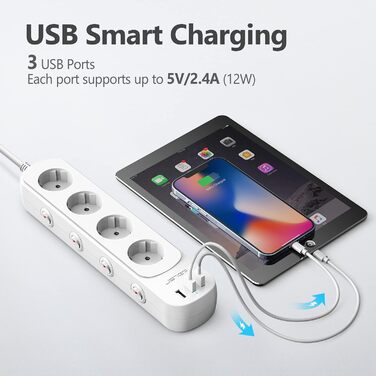 Мережева стрічка JSVER з індивідуальним керуванням, 4 розетки, 3 USB-порти (3680W, 16A), з вимикачем, 1.5м (біла)