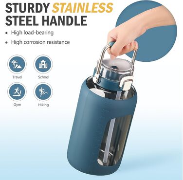 BLUEGO 2500ml Glass Water Bottle with Stainless Steel Handle, 2.5L Large Water Bottle with Time Markers and Silicone Sleeve, Half Gallon Water Jug BPA-free for Sports, Daily Use, Light Green (Dark Blue)