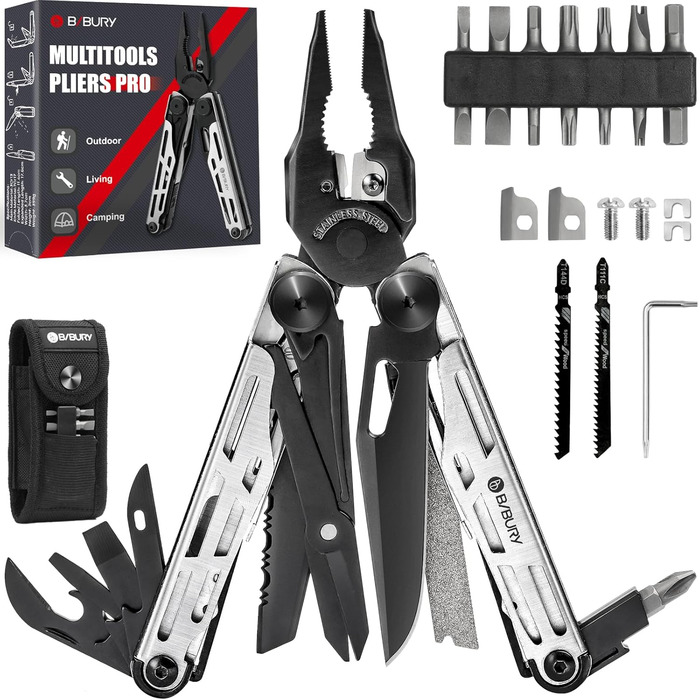 Gift for Men, BIBURY Multitools, Outdoor Multi Tool Folding Pliers with Improved Scissors and Screwdriver, Stainless Steel Multitools with Nylon Pouch, Christmas Gifts for Dad
