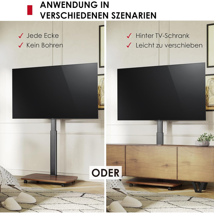 AOKCOS Rolling TV Stand with Wood Shelf - Adjustable Height & Swivel - VESA 400x400 - Holds 32-65 Inch TVs up to 40kg
