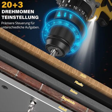 Акумуляторний дриль-шурупокрут SundpeyPRO 21V з ударною функцією, 120 Nm, 2 x 4000mAh, 20+3 ступені крутного моменту, 13 мм патрон, 2 швидкості, LED