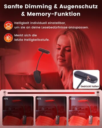 Ліхтарик для читання з червоним світлом 670 нм, кліпса на книгу, з функцією пам'яті, димування та USB-зарядкою. Без синього світла, портативний, для ліжка та захисту очей.