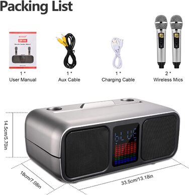 Караоке Машина з 2 Бездротовими Мікрофонами, Bluetooth Колонка з Сенсорним Екраном, LED-підсвічуванням та Підставкою для Телефону, Караоке Колонка для Дітей з USB/TF/AUX (Срібна)