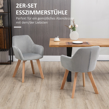 HOMCOM Dining Chairs 2-Piece Set Kitchen Chairs with Arm & Backrest, Velvet-Look Upholstery, Wooden Legs, Grey | Aosom