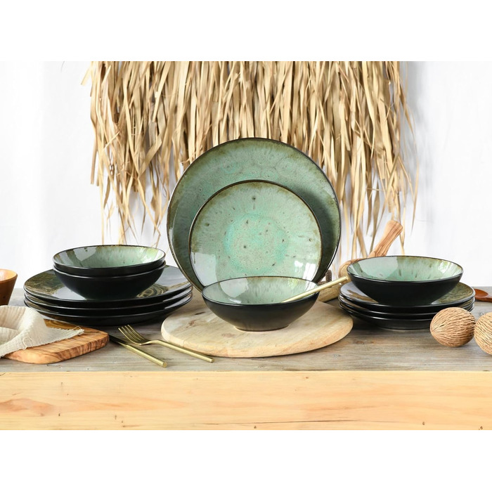 CreaTable Набір посуду Jawa, 18 предметів (12 тарілок) з каменю, для 6 осіб, зелений, миється в посудомийній машині, підходить для мікрохвильовки