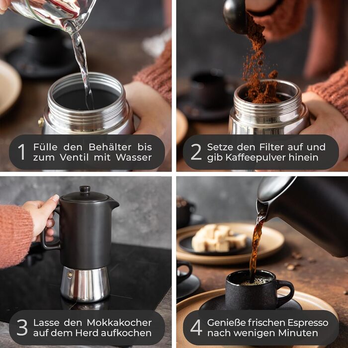 Stone Age Design Ceramic Espresso Maker (300ml) - Espresso Maker Induction suitable for all stovetops - Moka pot with stainless steel base and ceramic pot - Stainless steel espresso maker