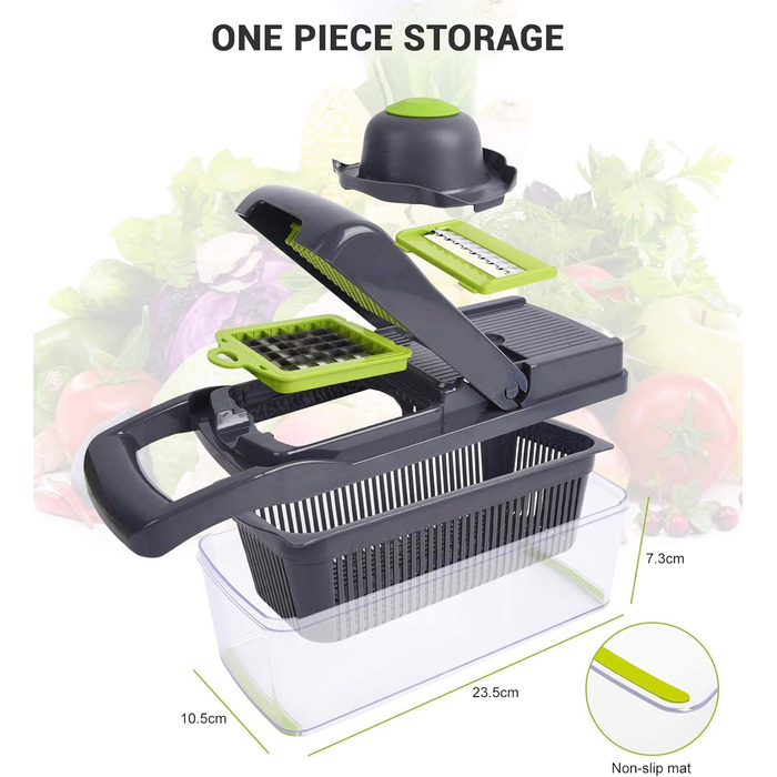 Мандоліна для нарізки овочів ADOV 12-в-1: мультифункціональний овочевий слайсер з захистом рук, з регульованою нержавіючою сталлю, для нарізки цибулі, джулієну та подрібнення картоплі, сиру, фруктів – сірий