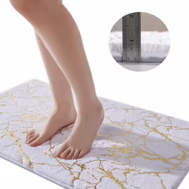 QJHOMO Non-Slip Bath Mat Washable Bathroom Rug, Toilet Rug with Cutout White Bathroom Carpet, Gold Decorative Toilet Rug Luxury Bath Accessories, Soft Microfiber Absorbent Bath Mat 50x60 cm