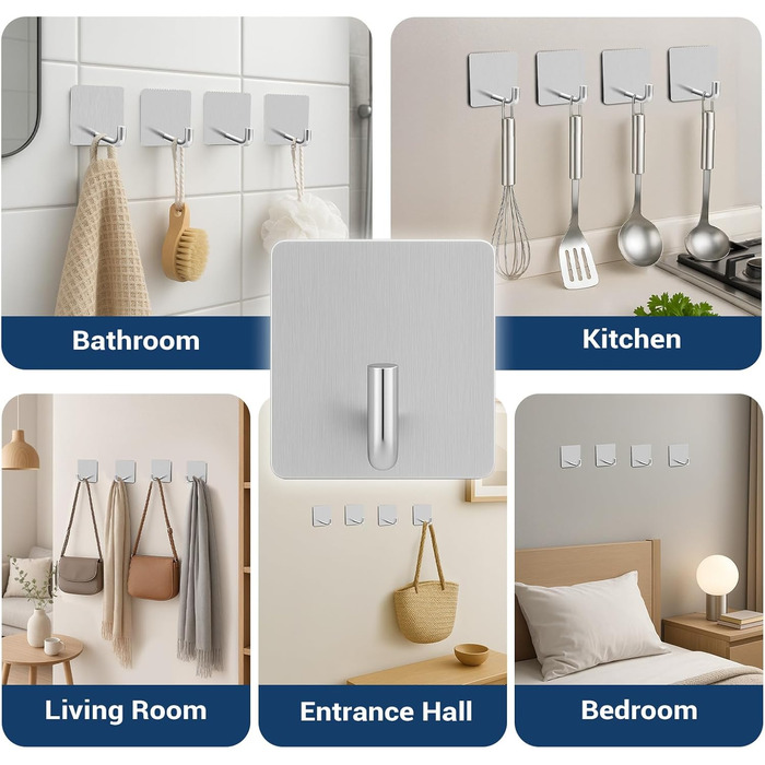 Набір гачків для рушників без свердління 6 шт. з нержавіючої сталі для ванної кімнати та кухні, самоклеючі, до 10 кг, вологостійкі, срібні