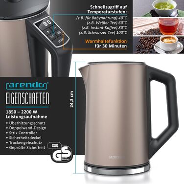 Набір Arendo: чайник та тостер, нержавіюча сталь, бежевий. Чайник 1,5л з підігрівом, тостер на 4 тости з LED-дисплеєм та 6 рівнями підсмажування