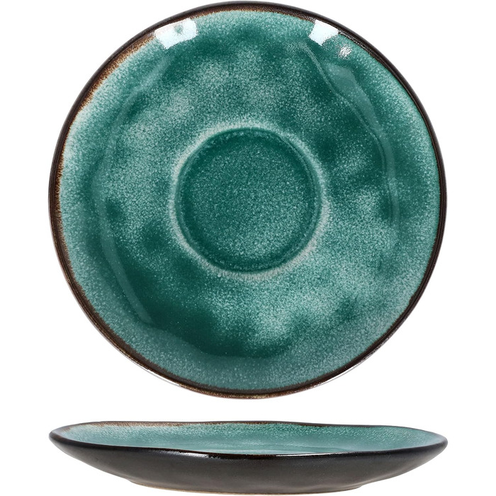 Кавовий сервіс MamboCat Reactive Glaze Green 18 предметів на 6 осіб м'ятного кольору | Столовий посуд з каменної глини з мідним декором