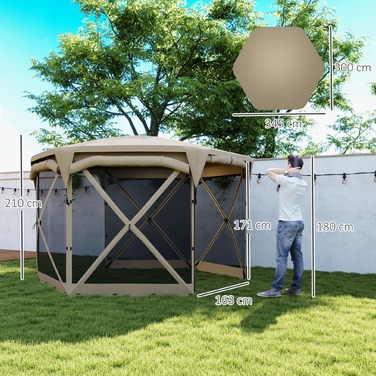 Outsunny Hexagonal Gazebo approx. 3.5x3m Pop-up Folding Gazebo with Removable Roof UV 30+ Foldable Waterproof Party Tent Garden Tent with 5 Side Panels Garden Gazebo for Camping Garden Festival, Khaki | Aosom