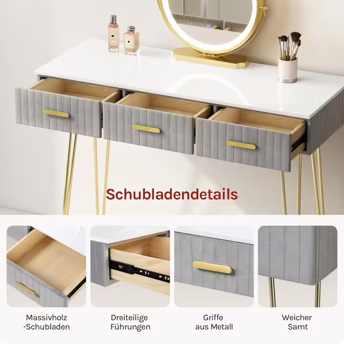 WOLTU Vanity Table with Mirror and Stool, Dressing Table with 3 Drawers Made of Solid Wood, Large High-Gloss Tabletop, Modern Cosmetic Table from Velvet and Metal, White, MB6080gr (Grey, 100x40cm with LED Lighting)