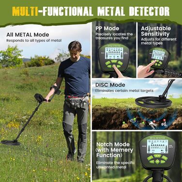 Металошукач з водонепроникною котушкою, регульована штанга, регульована довжина, чутливість та аудіо, легкий для дорослих та дітей, режими 'Всі метали', 'DISC', 'PP', LCD-дисплей
