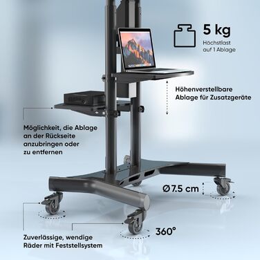 ONKRON Electric TV Stand with Wheels - Adjustable Height, 50-100 Inch TVs, 130kg Capacity, VESA 1000x600 - Black TS1991E-B