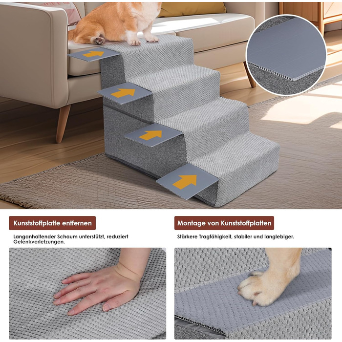 Dog stairs, dog ramp, non-slip dog stairs 5 steps, washable dog bed ramp, pet stairs made of high-density sponge, for injured & older dogs, cats (pet stairs 4 steps, gray)