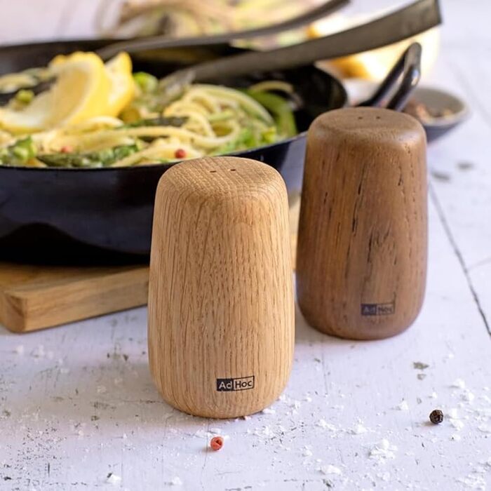 AdHoc GS30 Set of Pepper and Salt Shakers Yoko | Natural Oak Wood, Lightly and Darkly Oiled | Double Holes and Large Opening for Filling