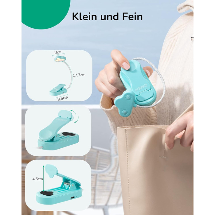 EDISHINE Кліпса-лампа для читання, USB перезарядна, LED лампа для книг, 3 режими кольору, регулювання яскравості, подарунок для дітей, любителів читання (блакитна)