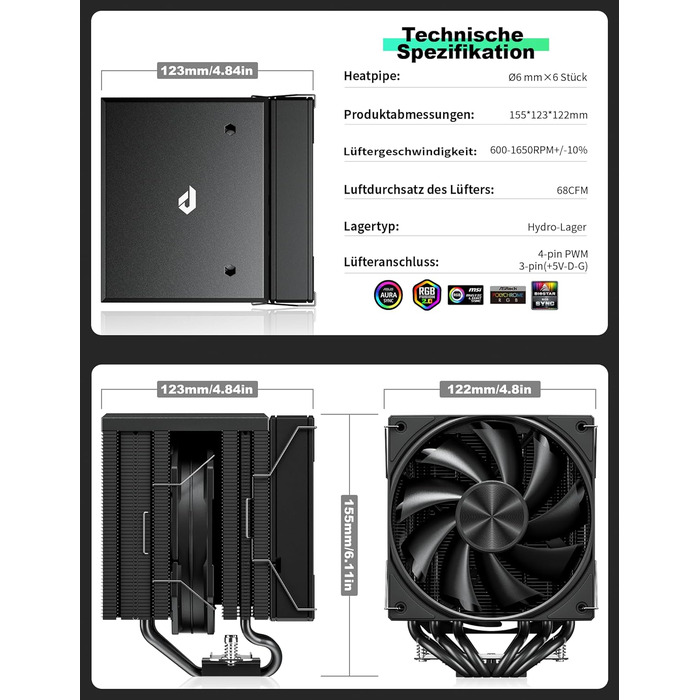 upHere Система охолодження CPU Dual Tower з 6 теплових трубок, 2 x 120мм вентилятори PWM, сумісна з AMD AM4 AM5/Intel 2011/2066 (X79/X99), для ПК, UE2K6