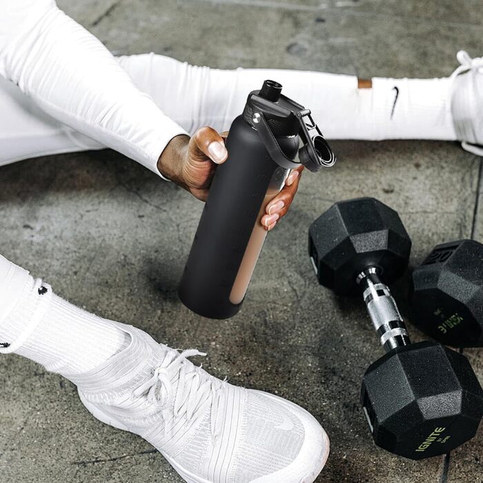 BLUEGO Glass Water Bottle 900ml Sport Water Bottle with 2 Lids and Straw Leak-Proof Glass Bottle with Time Marker and Measuring Scale BPA Free, Black