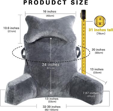 Велике крісло-мішок для читання, 78,7 см, з підголовником та підлокітниками, сіре, для читання та відпочинку