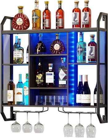 Настінна вітрина для вина з LED-підсвіткою 90x90 см з металу та MDF. Полиці для вин з тримачами для келихів. Регульована полиця для бару, винного підвалу, кухні.