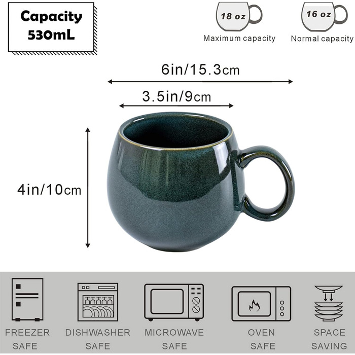 UNICASA Porcelain Coffee Mugs, Set of 4 Cups with Handles, Each 530 ml, Dishware Cup Mug for Tea, Coffee, Milk, Cappuccino, Green
