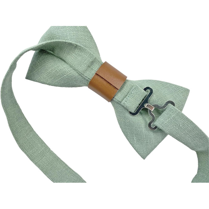 Набір чоловічих аксесуарів Leinen: краватка-метелик зі шкіри, підтяжки зі шкіри, нагрудна хустка, запонки - світло-зелений